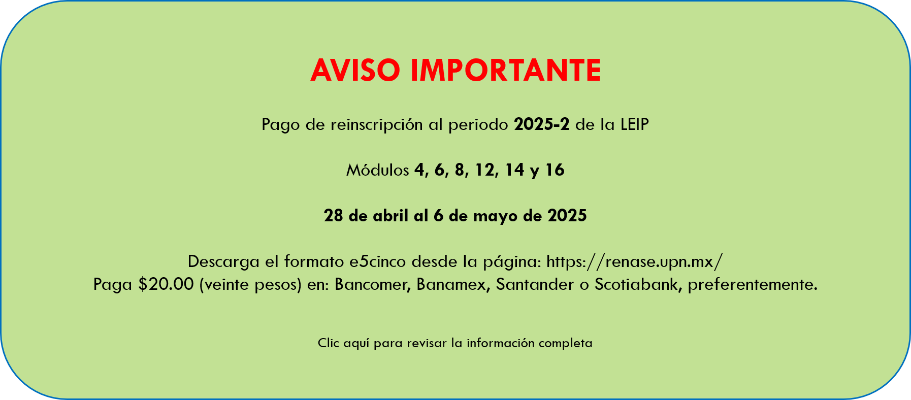 Pago reinscripción periodo 2025-2